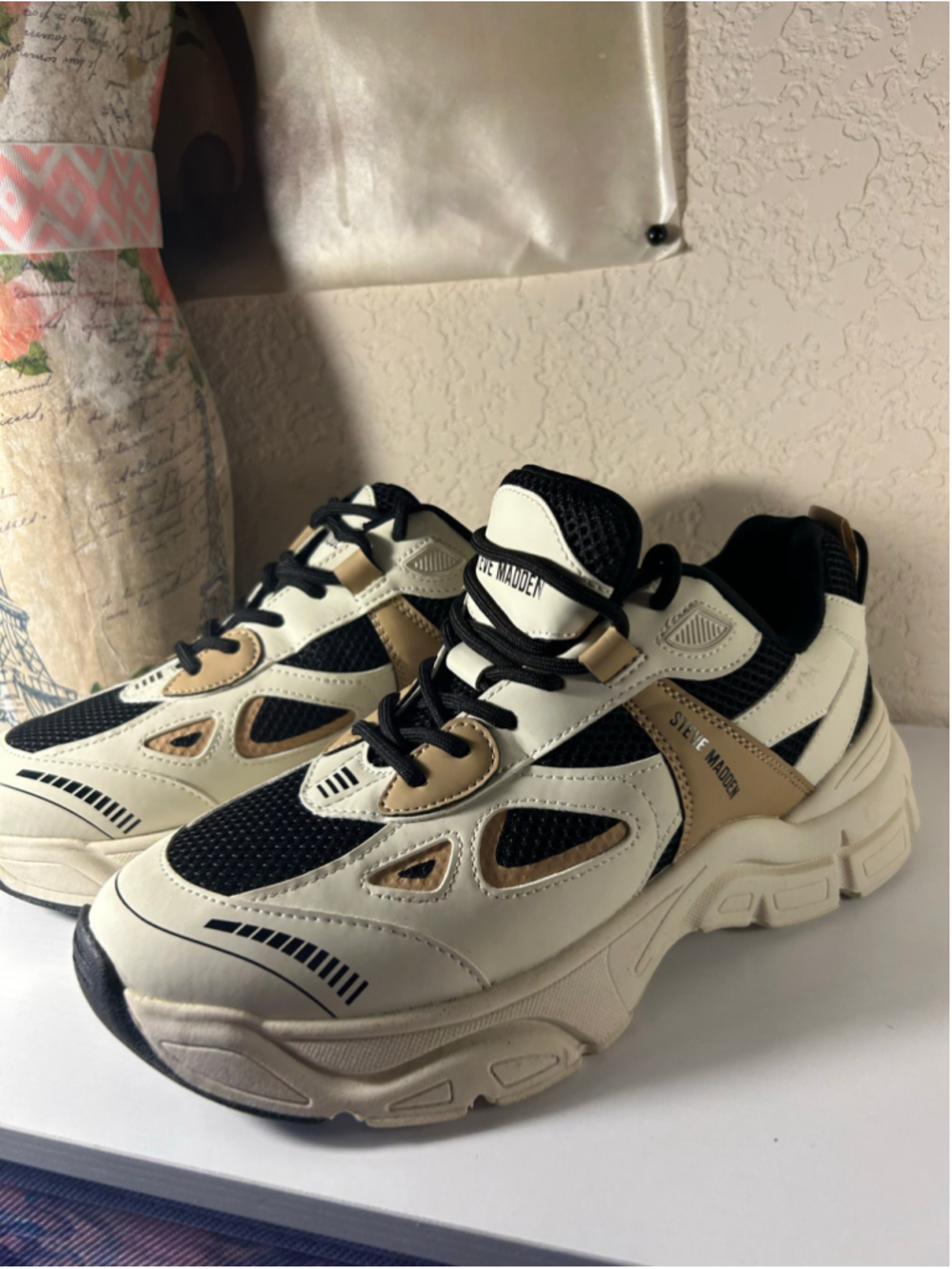 Women's Steve Madden Chunky Sneakers Beige and Black - Picture 2 of 8